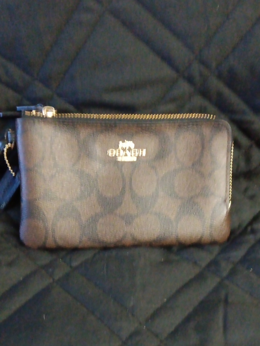 Coach Brown Signature Double Zip Wristlet with Gold Hardware